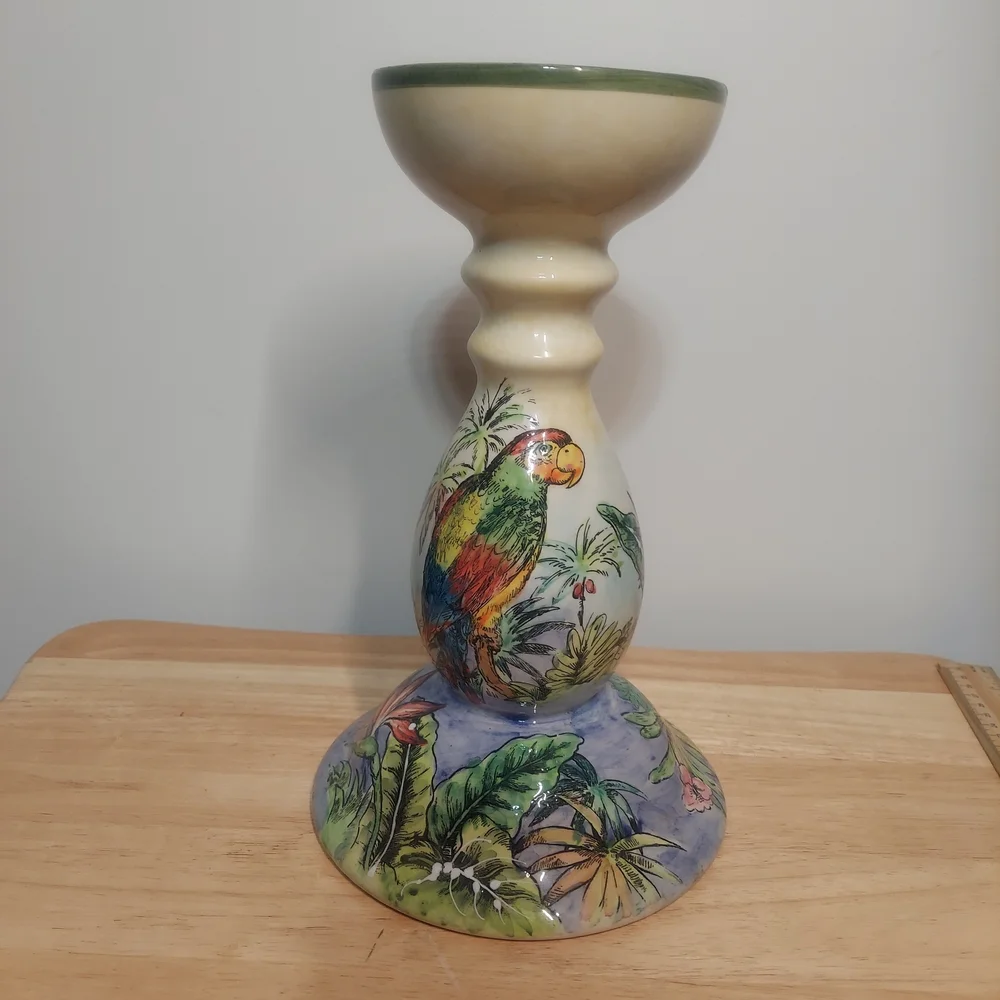 Vintage Hand-painted Large Ceramic Tropical Parrot Candle Holder